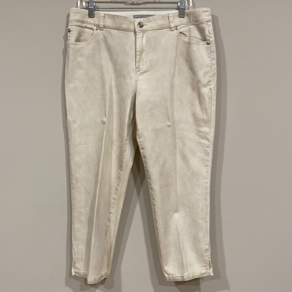 Chico’s Platinum Denim Stretch Capri with Rhinestone Button.